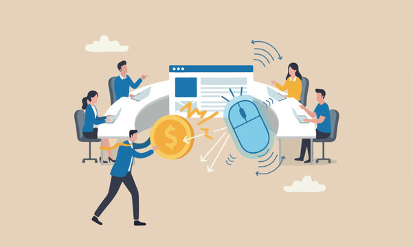 Paid bullseye together marketing campaign pay for online ads for users to visit website concept, businessman marketer push money coin into mouse pointer to click to website