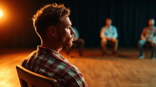 A thoughtful man sits alone in a dimly lit therapy room, surrounded by a group, reflecting inner emotions and personal struggles, emphasizing the theme of connection and self-discovery.