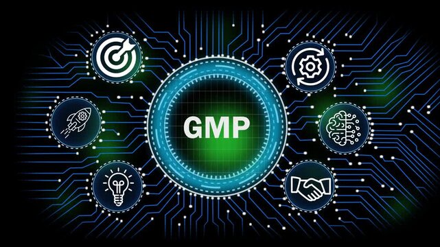 GMP digital network, technology, business  concept with circuit board connections and icons for banking security finance growth and data analysis 