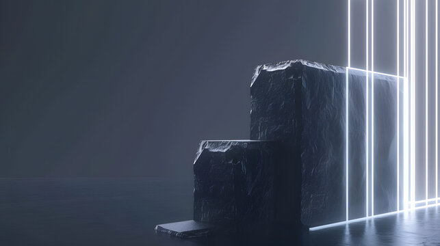 Dark iron monolith extruding into ordered iridescent platinum strands