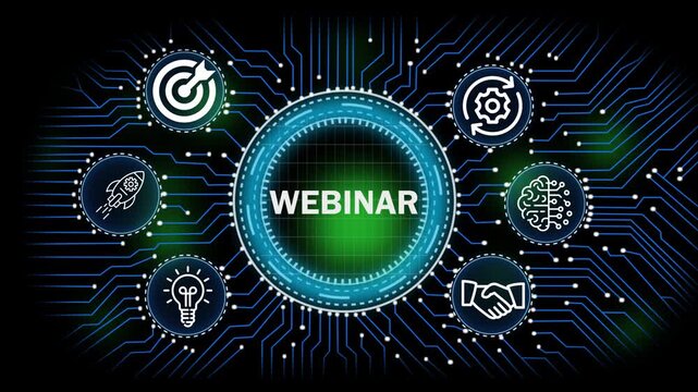 webinar digital network, technology, business  concept with circuit board connections and icons for banking security finance growth and data analysis 
