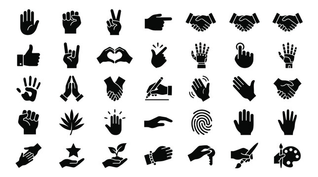 Black hand signs and gestures icons.