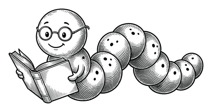 A cute cartoon bookworm character wearing glasses and reading an open book in a vintage black and white engraving style