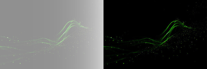 Abstract green neon light trails with sparks on gray and black background, futuristic glowing laser lines energy wave overlay © Maxim