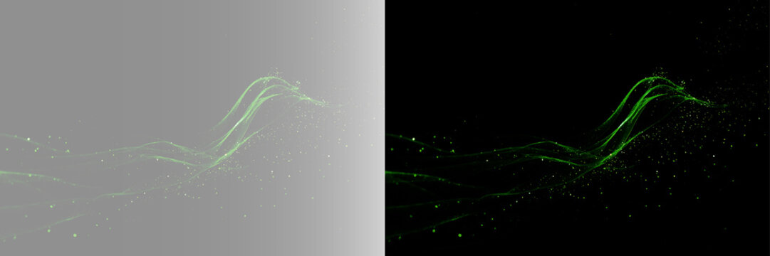 Abstract green neon light trails with sparks on gray and black background, futuristic glowing laser lines energy wave overlay