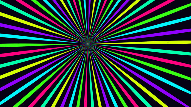 Vibrant neon colored lines radiating from center creating dynamic burst pattern on black.