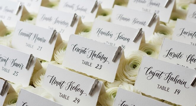 A neat rows of white wedding seating cards with cursive calligraphy and silver clips, arranged on top of a lush layer of white ranunculus flowers.