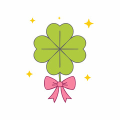 Fototapeta premium Four Leaf Clover with Pink Bow and Stars