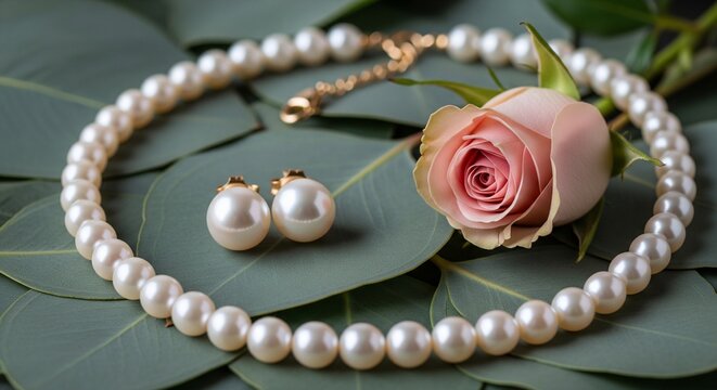 A flat lay of a classic white pearl necklace and matching pearl earrings arranged on a bed of fresh green eucalyptus leaves next to a soft pink rose blossom.