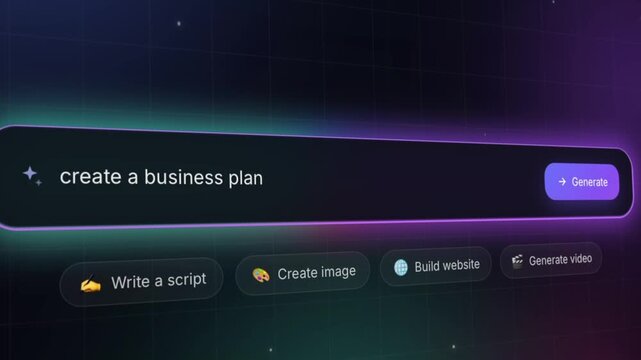 Modern AI interface displaying the prompt "Create a Business Plan" with bright neon accents. Represents business strategy, startup planning, and AI-assisted decision making.