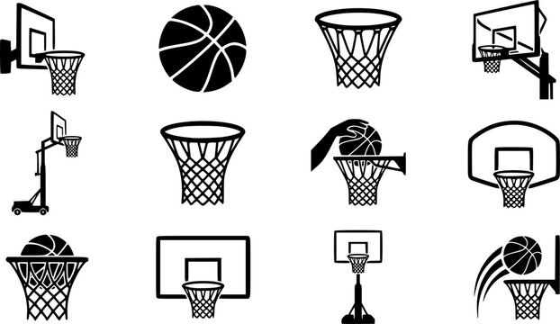 Basketball hoop, basketball and goal, net, ring icon silhouettes set
