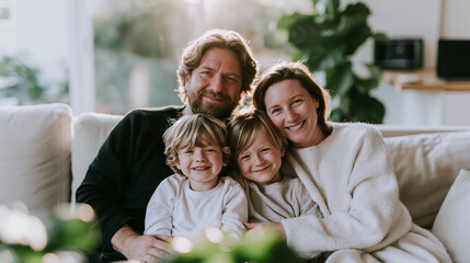 Fototapeta premium A wide shot of a family lounging softly together across a calm sofa in a bright sunlit living room family rest open faces bright home daylight workspace full scene cozy