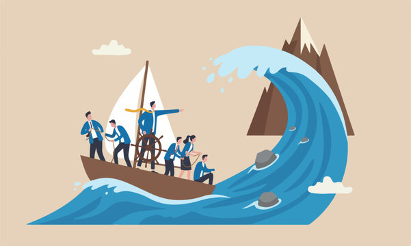 Courage risk taker concept, businessman captain point finger to lead team sailing boat to survive wave storm