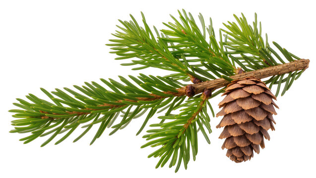 Isolated spruce tree branch with green needles and a single brown cone, seasonal nature element