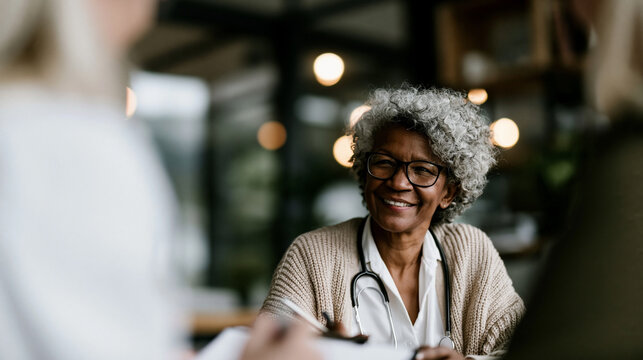 A wide shot of a doctor jotting softly notes on a pad while discussing with a calm patient in a bright sunlit clinic note discussion open faces bright clinic daylight