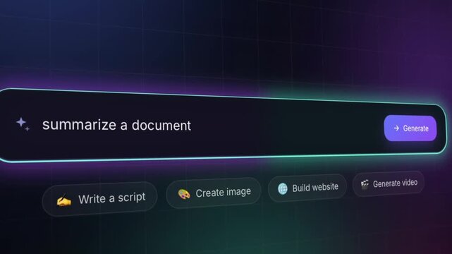 Futuristic AI chatbot interface typing the command "Summarize a document". Concept of document summarization, information processing, and AI productivity tools.