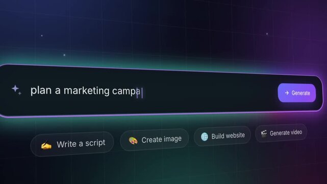 Futuristic AI assistant interface displaying the prompt "Plan a Marketing Campaign" with a typing animation inside a glowing neon input box. Concept of digital marketing strategy, business growth, adv