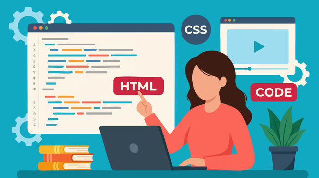 Woman Programming Web Development: Coding HTML and CSS on Laptop