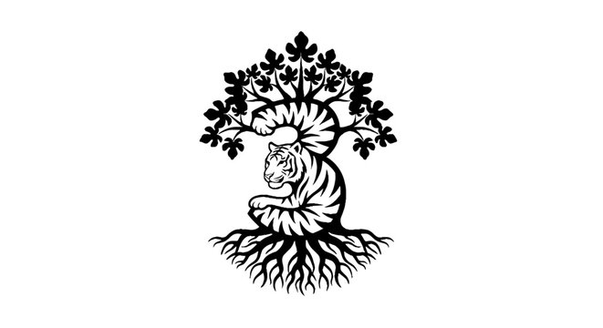 Tiger resting under a large leafy tree illustration.