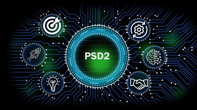 PSD2 digital network, technology, business  concept with circuit board connections and icons for banking security finance growth and data analysis 