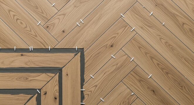Top-down view of wooden-look ceramic floor tiles being laid out in a classic herringbone pattern with small plastic tile spacers between them