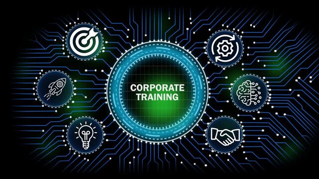 corporate training digital network, technology, business  concept with circuit board connections and icons for banking security finance growth and data analysis 
