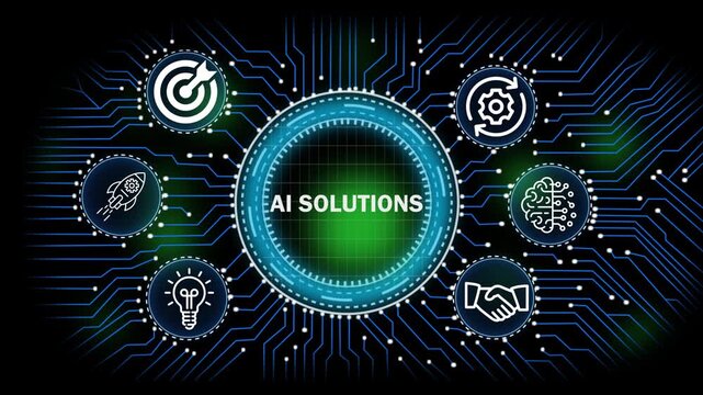 AI solution digital network, technology, business  concept with circuit board connections and icons for banking security finance growth and data analysis 
