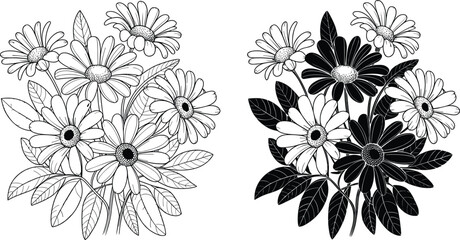 Fototapeta premium Black and white line art vector illustration of a daisy flower bouquet for coloring pages and decorative design