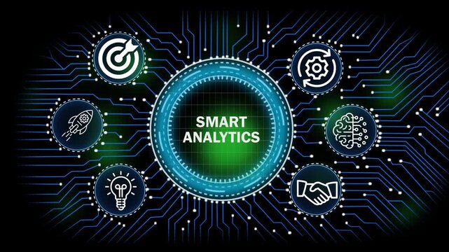 smart analytics digital network, technology, business  concept with circuit board connections and icons for banking security finance growth and data analysis 