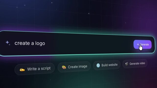 Modern AI prompt interface displaying the command "Create a Logo" with futuristic neon glow. Concept of AI-powered design, branding, creativity, and graphic generation