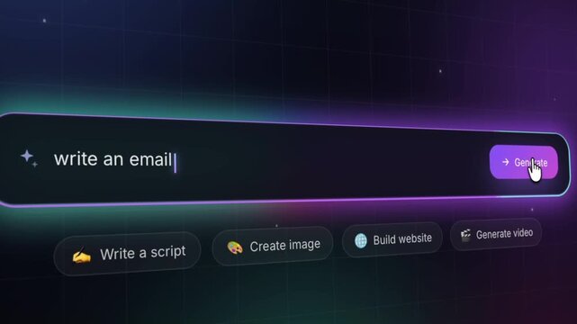 Futuristic AI assistant typing the prompt "Write an Email" inside a glowing neon interface. Concept of email automation, business communication, productivity, and artificial intelligence.