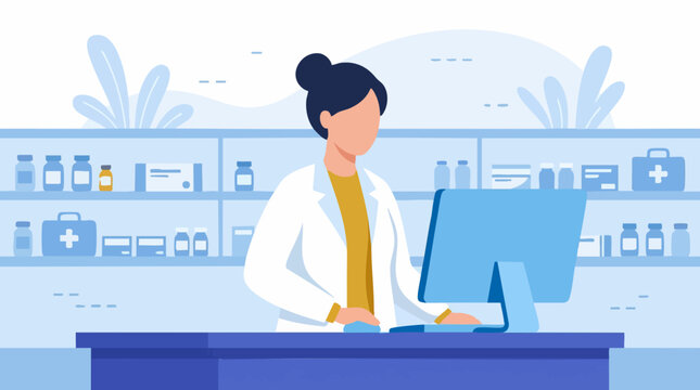 Female pharmacist at work in a modern pharmacy, healthcare illustration