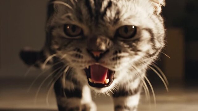 Grumpy Scottish Fold cat walking forward with angry expression