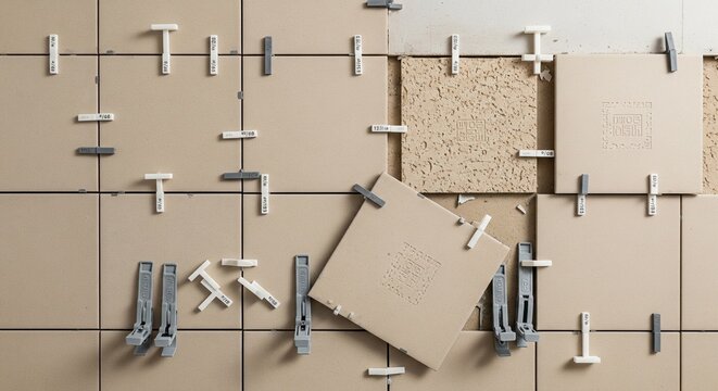 A top-down view of square beige ceramic tiles being installed on a floor with various white and grey plastic leveling spacers and wedges scattered around
