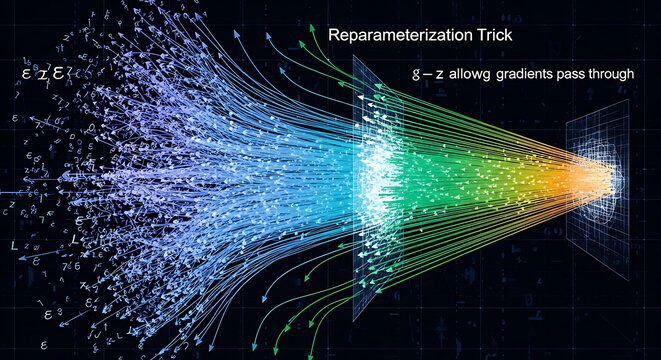 Reparameterization trick concept in machine learning and neural networks visualization