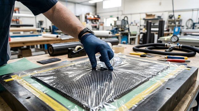 Worker applying vacuum sealing plastic film over carbon fiber | Close up of technician in gloves laminating composite material | Carbon fiber fabrication process in advanced manufacturing workshop 