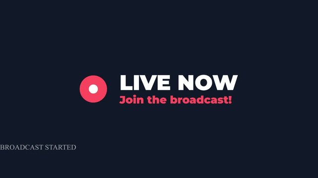 Live now broadcast animation, colorful play button and text on dark background, seamless loop for live streaming, symbolizing online broadcasting and live events
