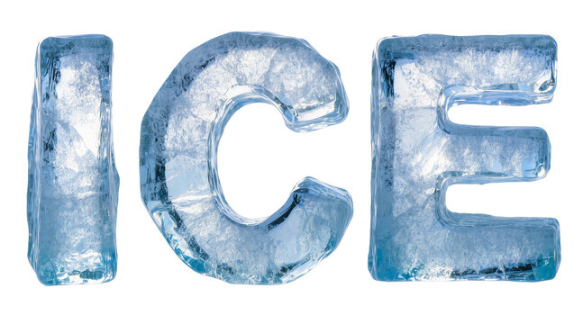 Isolated frozen word ICE made of clear blue ice letters with internal cracks and frosty texture.