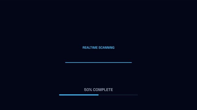 Loading animation, Progress bar increasing from 0 to 100 percent, Realtime scanning interface, symbolizing data processing and technology.