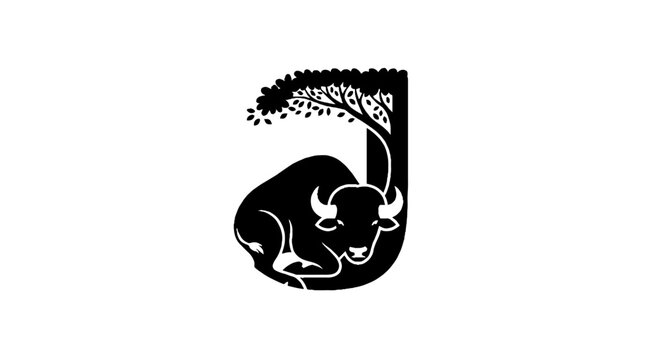 Resting bull under tree silhouette logo design.