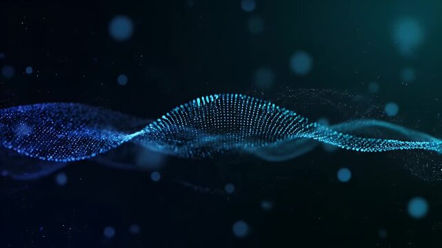 Abstract blue digital wave consisting of glowing particles flowing through dark space background