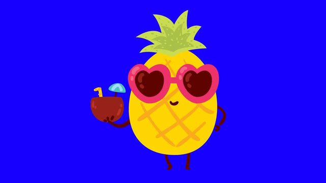 Cute animated pineapple character with heart sunglasses and a drink on a blue screen background.