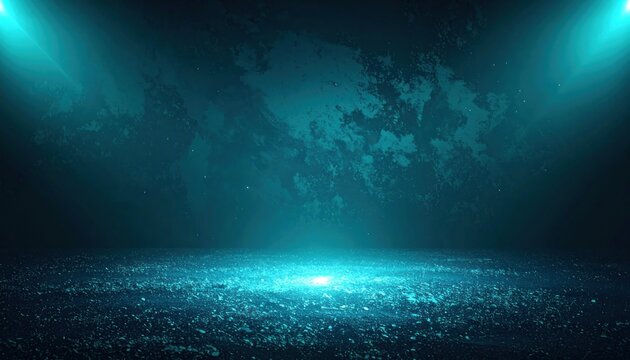 An abstract cosmic scene with bright turquoise spotlights illuminating a textured dark ground and a nebulous sky.