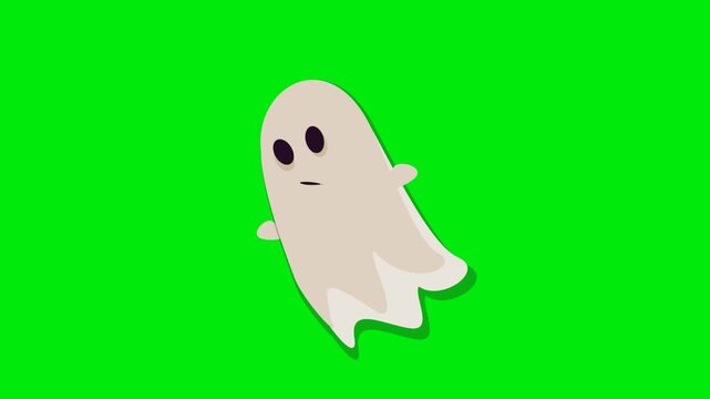 Cute cartoon ghost floating on a green screen background