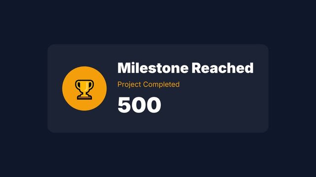 Milestone achieved animation, vibrant notification with trophy icon and increasing milestone numbers, seamless loop, symbolizing success and progress in business projects
