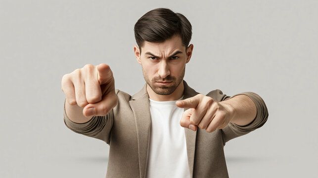 Accusation or Challenge A determined man, with a stern expression and eyebrows furrowed, points directly at the viewer with both index fingers, issuing a strong accusation or a challenging gesture.