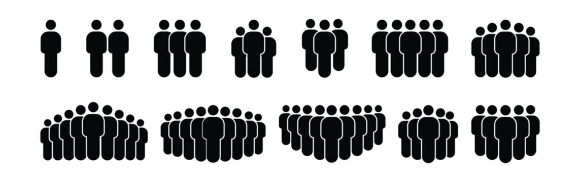 People 1, 2, 3, 4, 5, 6, 7, 8, 9, 10 icon set. Crowd signs. Containing participants, group, team, meeting, organization, community, population, audience, member, discussion, assembly, interview.