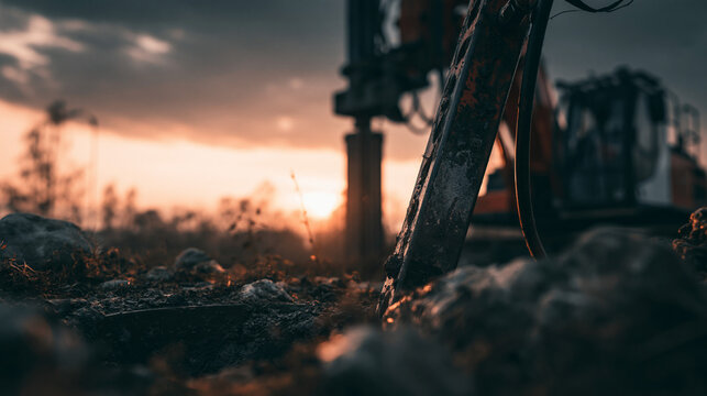 borehole. Desolate exploration site at dusk with dark borehole and drill rig, dramatic low-angle lighting. safety posters.