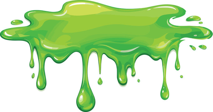 Realistic glossy green slime dripping puddle banner vector illustration featuring a shiny liquid goo spill with smooth highlight details isolated on white background.