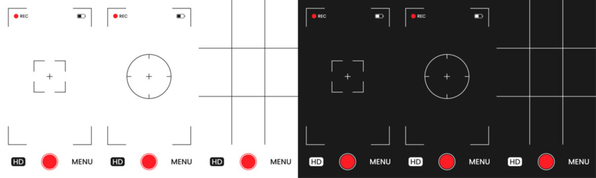 Vertical video recording viewfinder display set. Smartphone 9:16 camera user interface overlay. Phone photo frame full HD format. Mobile transparent record video overlay layout. Vector illustration.
